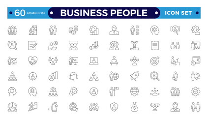 Business people line icons set. Businessman outlines icons collection. Teamwork, human resources, meeting, partnership, meeting, workgroup, success, resume. Editable stroke outline icon.
