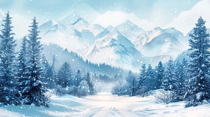 Holiday background with snow-covered mountains and winter trees. Enchanting scenery perfect for seasonal greetings and winter-themed designs.