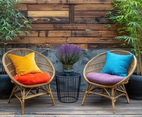 Cozy outdoor seating with colorful cushions and plants.