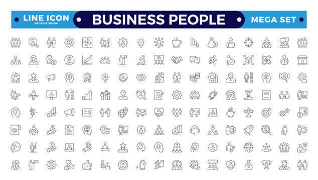 Business people line icons set. Businessman outlines icons collection. Teamwork, human resources, meeting, partnership, meeting, workgroup, success, resume. Editable stroke outline icon.
