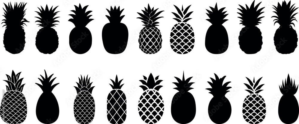Wall mural pineapple silhouette ananas vector illustration set, tropical fruit icons, black pineapple illustrat