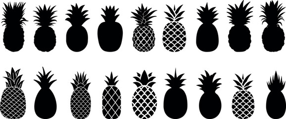 Pineapple silhouette ananas vector illustration set, tropical fruit icons, black Pineapple illustration, abstract pineapples