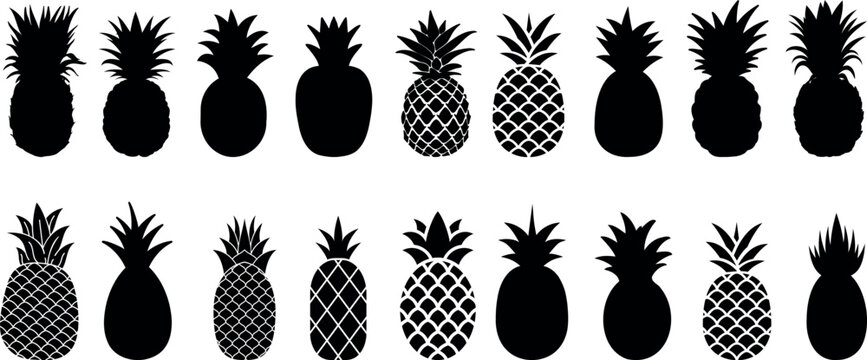 Pineapple silhouette ananas vector illustration set, tropical fruit icons, black Pineapple illustration, abstract pineapples