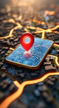 A phone with a red pin on it is on a map