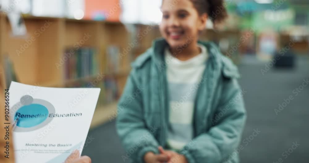 Sticker Education, girl and high five of teacher, library and help for child with learning disability in math. School, tutor and kid with celebration for academic performance of youth, growth and development