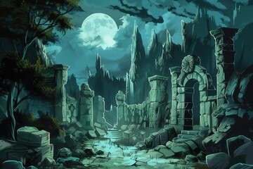 Ancient ruins of a forgotten civilization overgrown by the forest