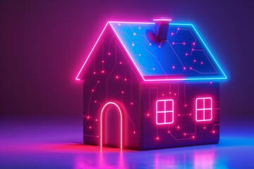 Neon house with digital elements highlighting the fusion of home and technology in a vibrant high tech environment.