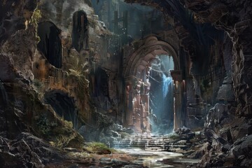 Naklejka premium Ancient temple ruins overgrown with moss and vines