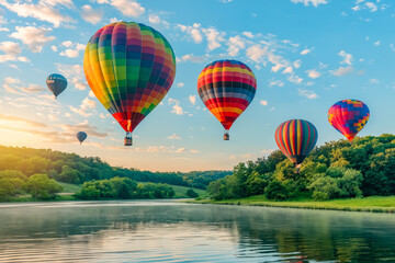 A group of hot air balloons flying over a body of water