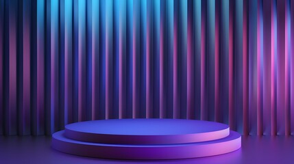 Abstract realistic 3d blue cylinder pedestal podium with  dark blue abstract room with semi circle glowing neon lighting scene. Vector rendering product display presentation