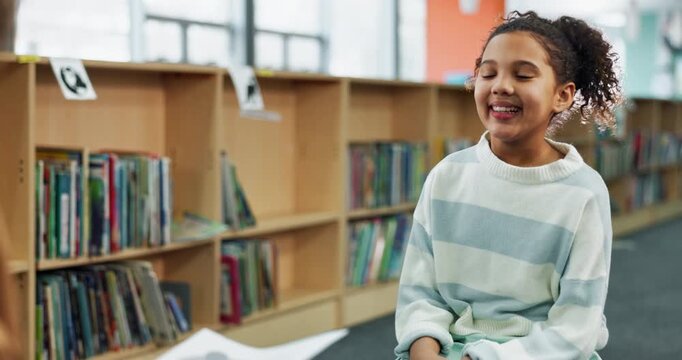 High five, child and smile in school, education and celebration for preparation of test, girl and knowledge. Library, hands and tutor with kid for learning of literature for exam, happy and together