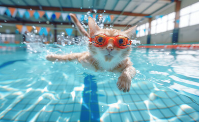 Cat swimming freestyle in the swimming pool generated by AI

