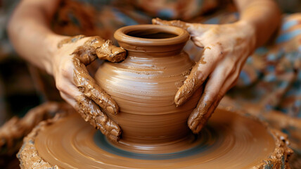 Potter hands creating ceramic crockery handcrafts, process of making clay pot on pottery wheel ceramist molding jar or vase cup mug. Pottery lesson master class for adult creative hobby concept