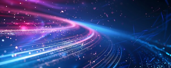 Naklejka premium A visually striking cosmic abstract effect featuring a gradient background of deep blues to light purples, accented with bright neon streaks and soft glowing particles