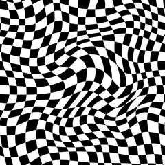 Trippy checkerboard, wavy optical illusion checker seamless pattern background. Vector monochrome mesmerizing swirl. Undulating, abstract distorted psychedelic texture that play tricks on perception