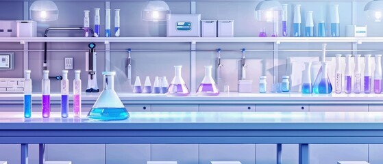 Modern scientific lab for chemistry research, filled with advanced medical science instruments, pharmaceutical tubes, and biotechnology experiment stations, underscoring health technology innovations