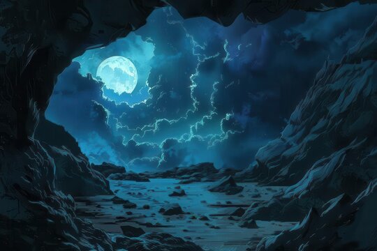 Mysterious moonlight through cave opening