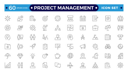 Project management icon collection. Time management and planning concept. Business or organization management icons for web and mobile apps. Time management, planning. Editable stroke outline icon.