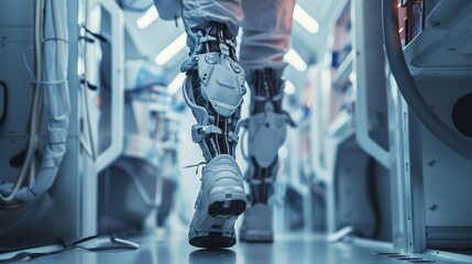 Exoskeleton technology, focusing on human augmentation and powered assistance for mobility, with a person wearing a high-tech exoskeleton, emphasizing the role of robotics in rehabilitation