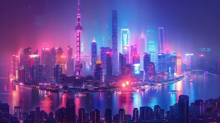 Futuristic cityscape background with glowing skyscrapers and neon lights