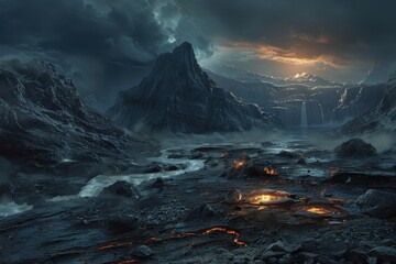 Fototapeta premium Molten Lava River Through Alien Mountain Landscape