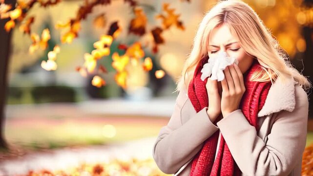 A woman with a runny nose in the park blows her nose into a napkin.	
