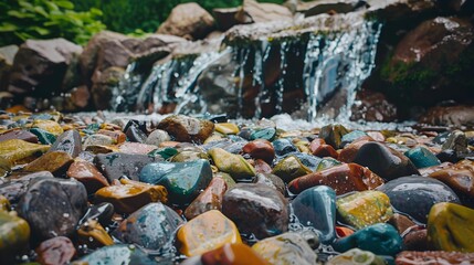 Waterfall multi-colored stones lie at the foot image