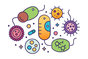 Probiotics bacteria, microbes, infection and pathogen cells concept editable stroke outline, icon set Vector illustration on white background.