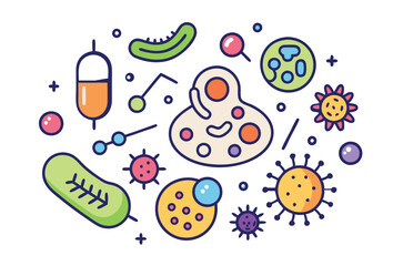 Probiotics bacteria, microbes, infection and pathogen cells concept editable stroke outline, icon set Vector illustration on white background.