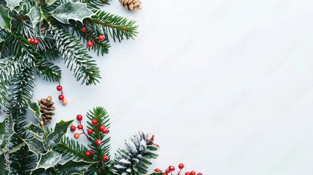 Poster holiday greeting card with space for text and festive fir tree and holly decoration on white backgro