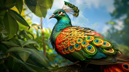 Obraz premium A dove with luxurious peacock feathers painted picture