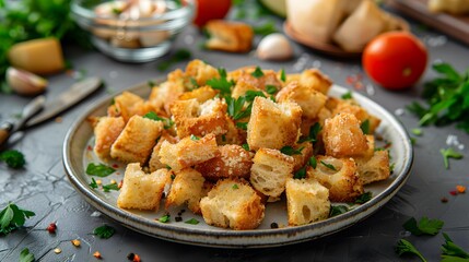 Fototapeta premium Garlic croutons fried until crispy served img