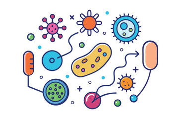 Probiotics bacteria, microbes, infection and pathogen cells concept editable stroke outline, icon set Vector illustration on white background.