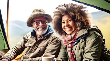 Happy senior biracial couple sitting in a tent and drinking coffee in the mountains
