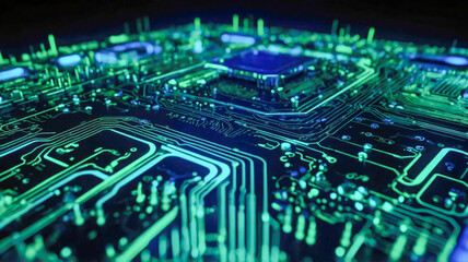 Obraz premium Close-up of a futuristic circuit board glowing with green and blue lights