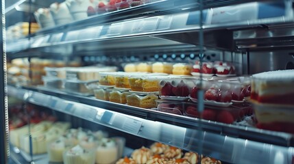 Desserts are neatly laid out on metal shelves picture