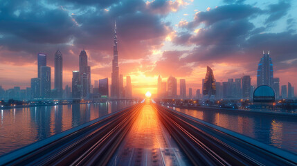 Obraz premium Curved train track leading into a futuristic cityscape at sunset, with glowing lights