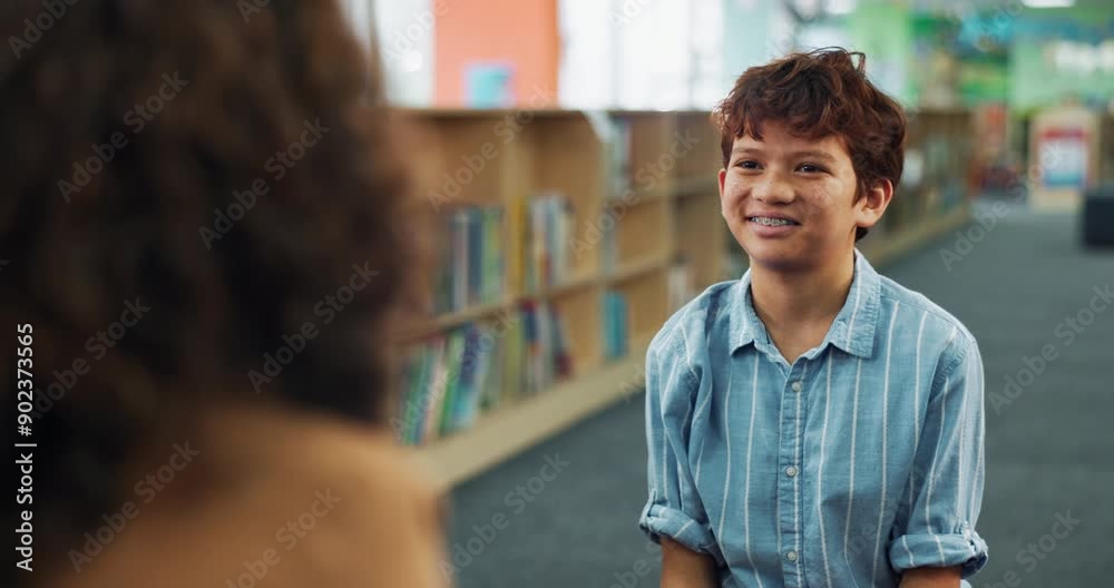 Canvas Prints High five, child and teacher in library, education and celebration for preparation of test, boy and smile. School, hands and tutor with kid for learning of literature for exam, happy and together