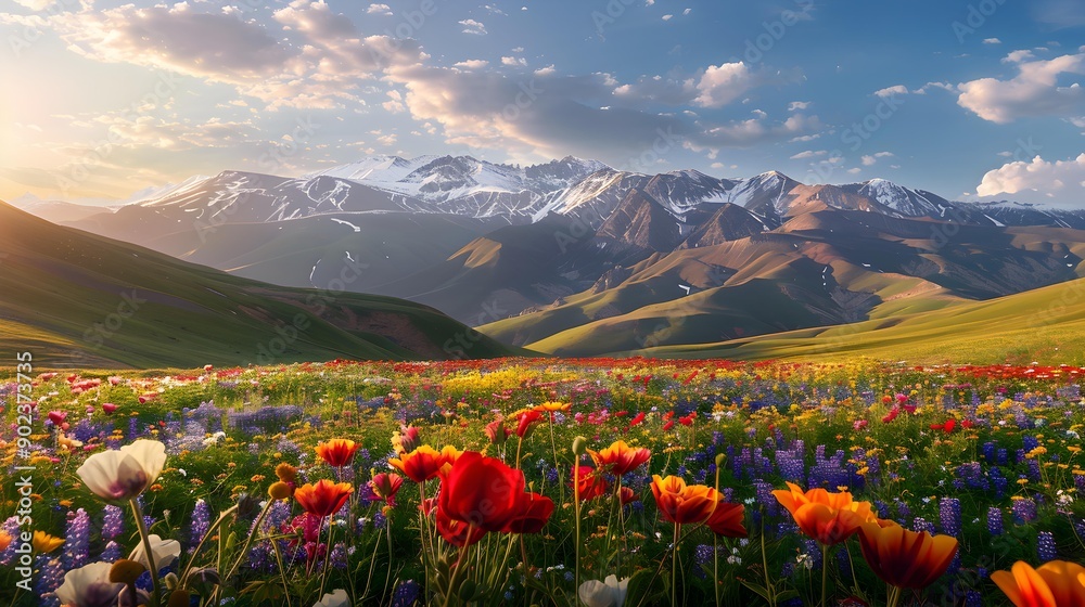 Wall mural Flower valley stretching to the horizon where colorful image