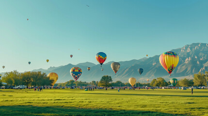 Fototapeta premium Albuquerque International Balloon Fiesta, colorful hot air balloons decorate the clear morning sky, mountains and green meadows as a backdrop, Ai generated Images