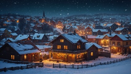 Fototapeta premium generative AI Christmas decorated house and tree on snowy evening 