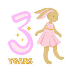 An adorable bunny in a pink dress celebrates in the 3nd anniversary card with sparkles and charm, a delightful illustration