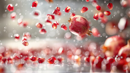 Obraz premium Pomegranate Seeds in Mid-Air on Shiny Stainless Steel, Creative Food Concept for Marketing, Vibrant Red Seeds Against Glossy Metal Surface, High-Resolution Culinary Photography