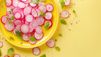 Artistic Display of Radish Slices Scattering on Pastel Yellow Plate for Food Concept Advertising