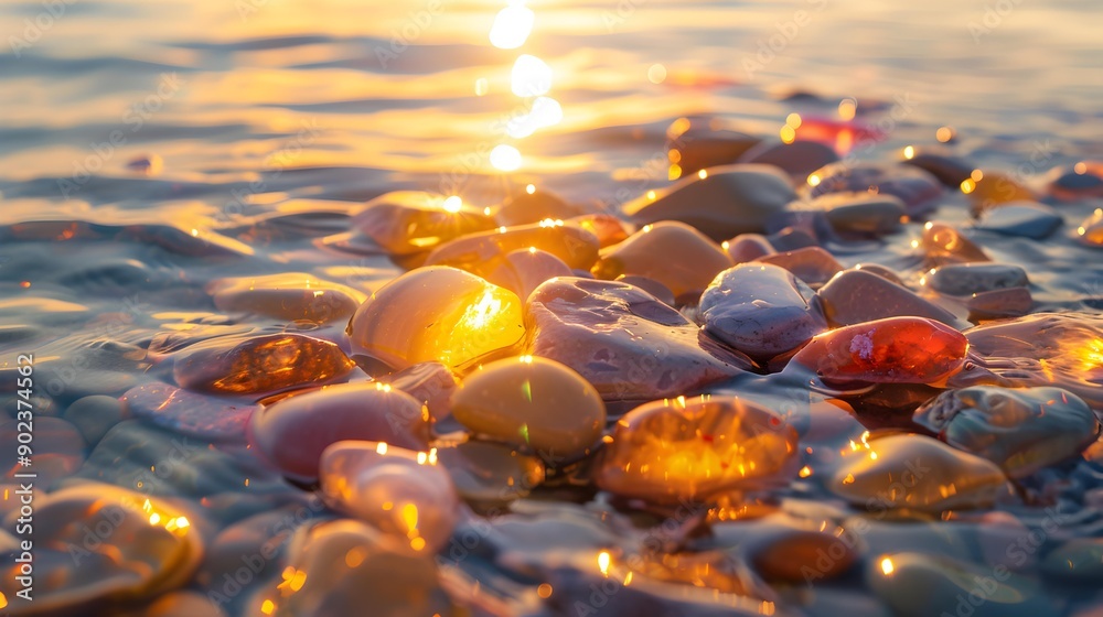 Wall mural Sunset transparent colored stones under water are illuminated picture