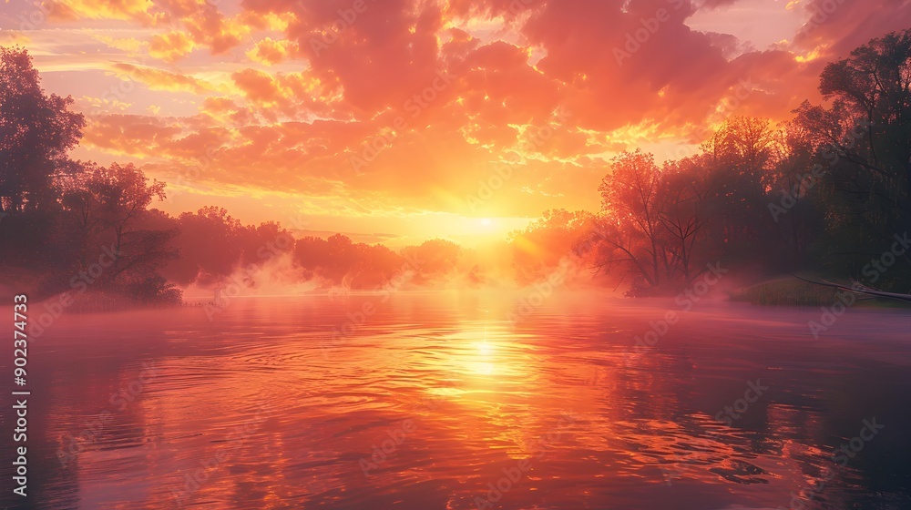 Wall mural Dawn over the river when the first rays image