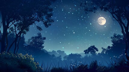 Starry sky forest at night illuminated