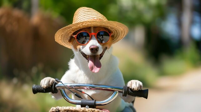 A dog puppy or home pet wearing sunglasses and a hat, driving a bicycle on the countryside road, smiling and enjoying the summer rides. Village environment, funny animal, scooter motorcycle&nbsp;