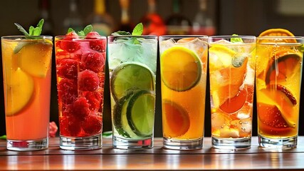 A row of glasses filled with various types of fruit drinks, lemonades and cocktails.	
