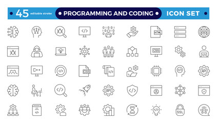 Programming coding set of web icons in line style. Software development icons for web and mobile apps. Code, API, programmer, developer, information technology, coder. Editable stroke outline icon.